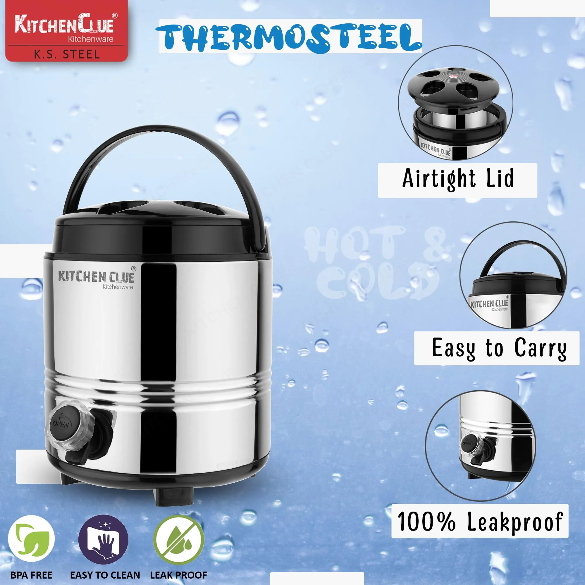 Kitchen Clue Stainless Steel Water Jug/Flask 3 Liter with Easy to Carry Handle I 2 Inch PUF Insulated Keeps Beverages HOT & Cold Upto 4-5 Hrs I Airtight LIDA & Leak-Proof Tap I Travel Companion