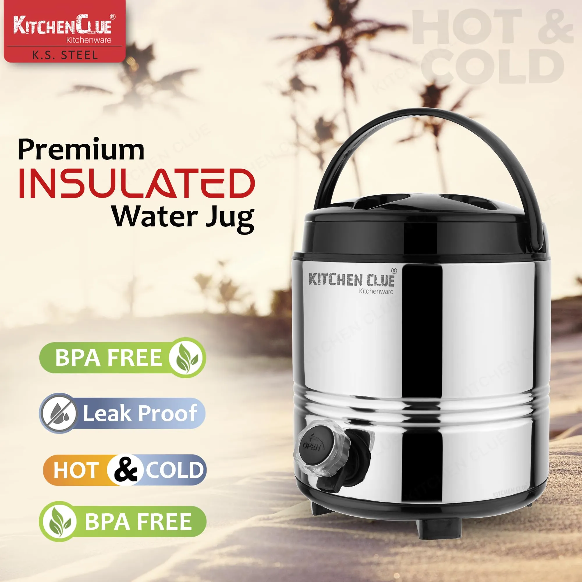 Kitchen Clue Stainless Steel Water Jug/Flask 3 Liter with Easy to Carry Handle I 2 Inch PUF Insulated Keeps Beverages HOT & Cold Upto 4-5 Hrs I Airtight LIDA & Leak-Proof Tap I Travel Companion