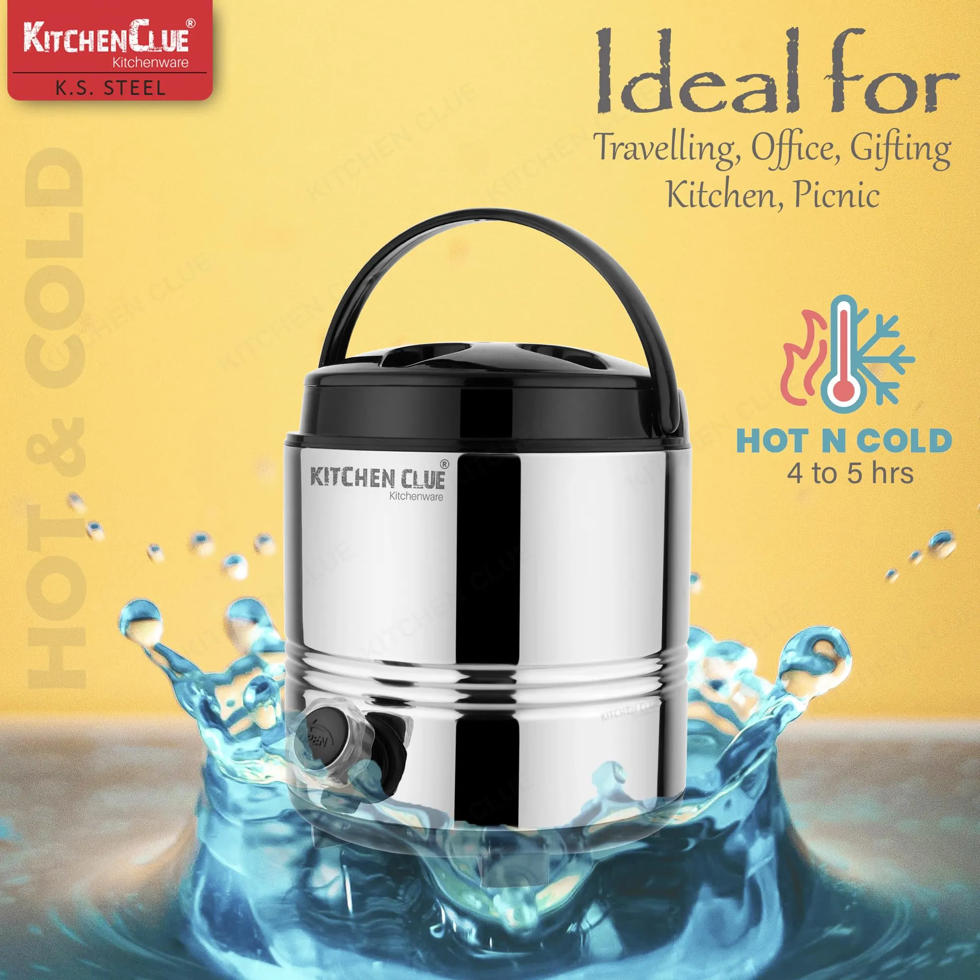 Kitchen Clue Stainless Steel Water Jug/Flask 3 Liter with Easy to Carry Handle I 2 Inch PUF Insulated Keeps Beverages HOT & Cold Upto 4-5 Hrs I Airtight LIDA & Leak-Proof Tap I Travel Companion