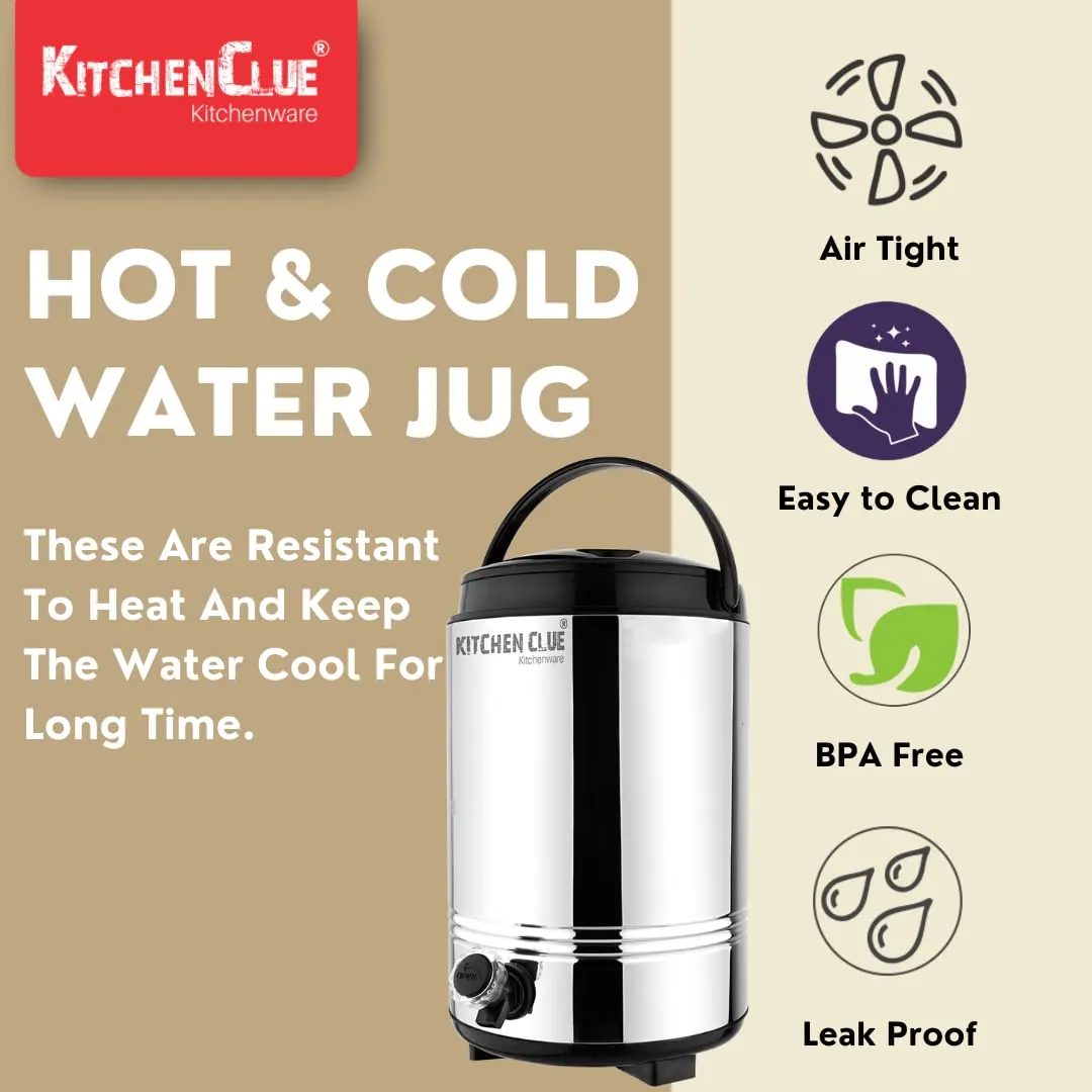 KITCHEN CLUE Steel Water Jug 10 Liters, Silver - PUF Insulated Hot and Cold Water Dispenser for Office Home Kitchen - Double Walled Vaccum Thermos for Hot Tea/Coffee/Water - Highly Durable