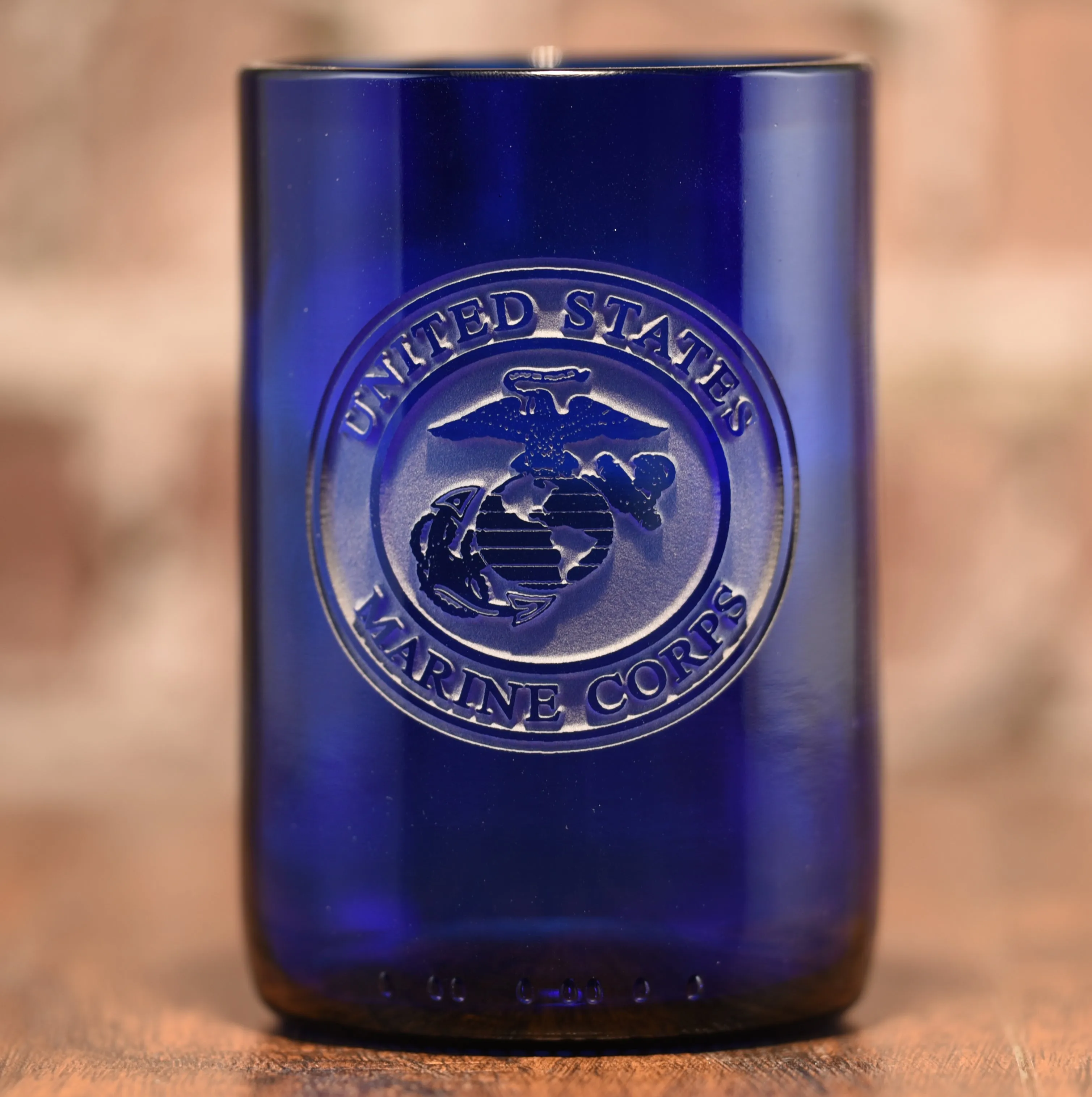 Marines Gift, Engraved Recycled Blue Wine Bottle Glass