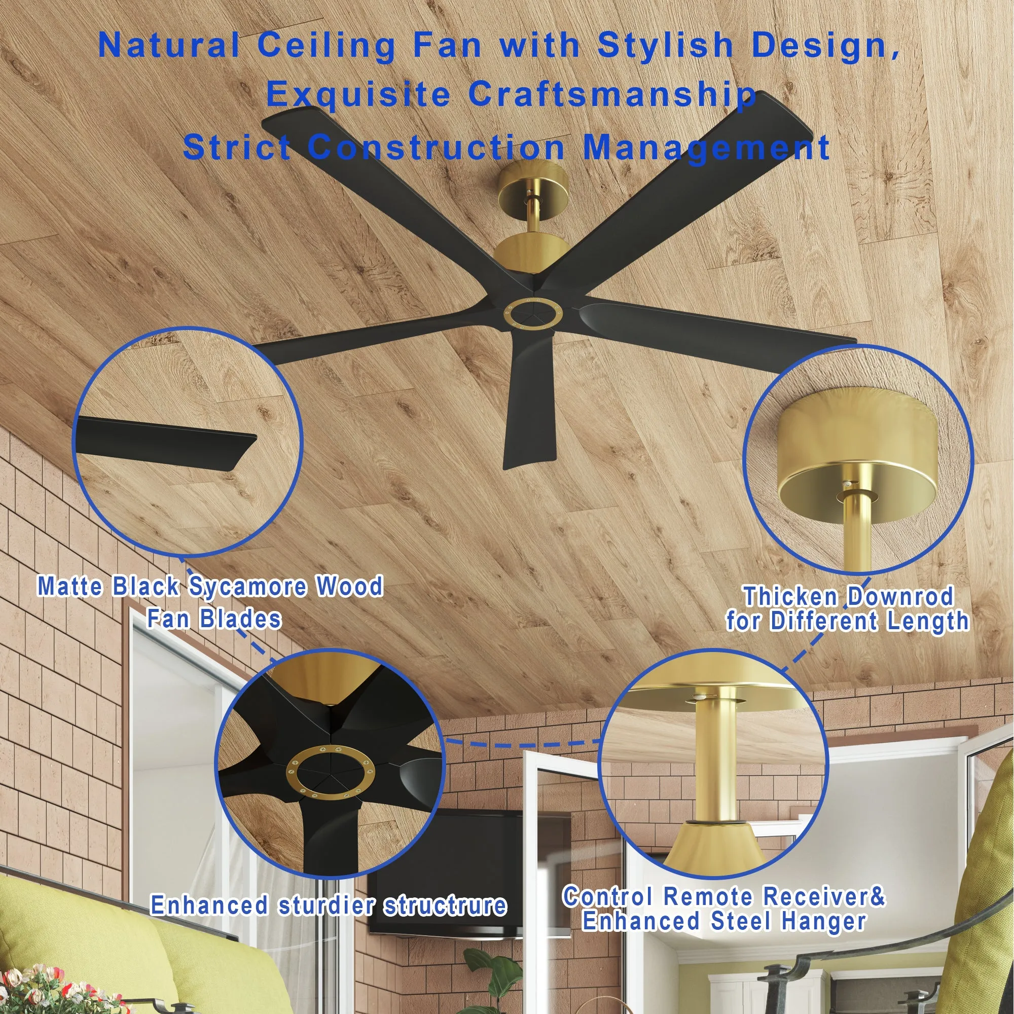 Matte Black Ceiling Fan with Wood Blades and Timer Function