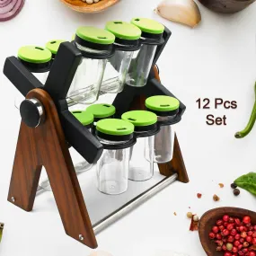 Miracle Multipurpose Wooden Spice Rack for Kitchen 12 Jars | 360 Degree Revolving Masala Box Container Spice Rack Containers Set (12 pcs Set)