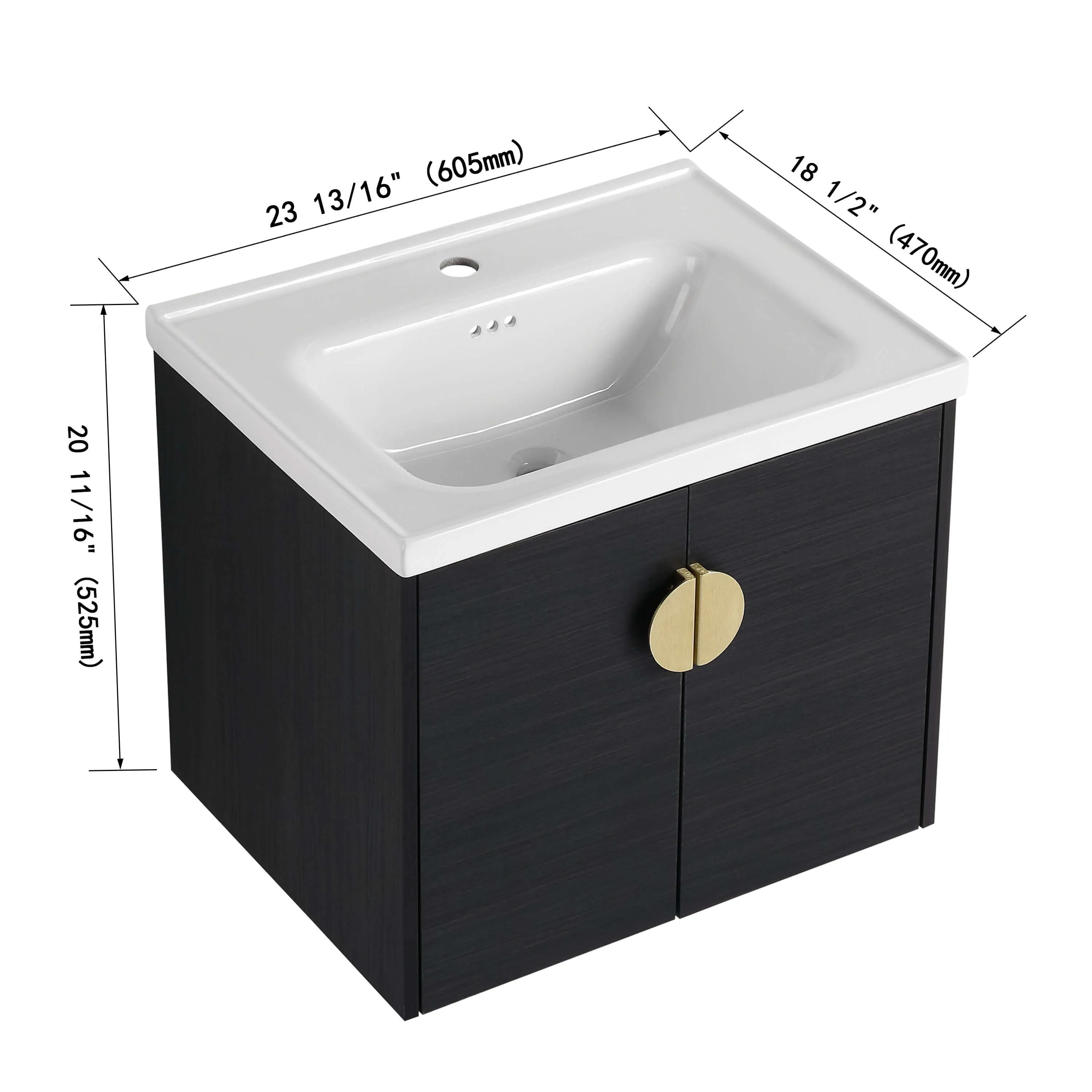 Modern 24" Bathroom Vanity with Sink – Black, Wall-Mount