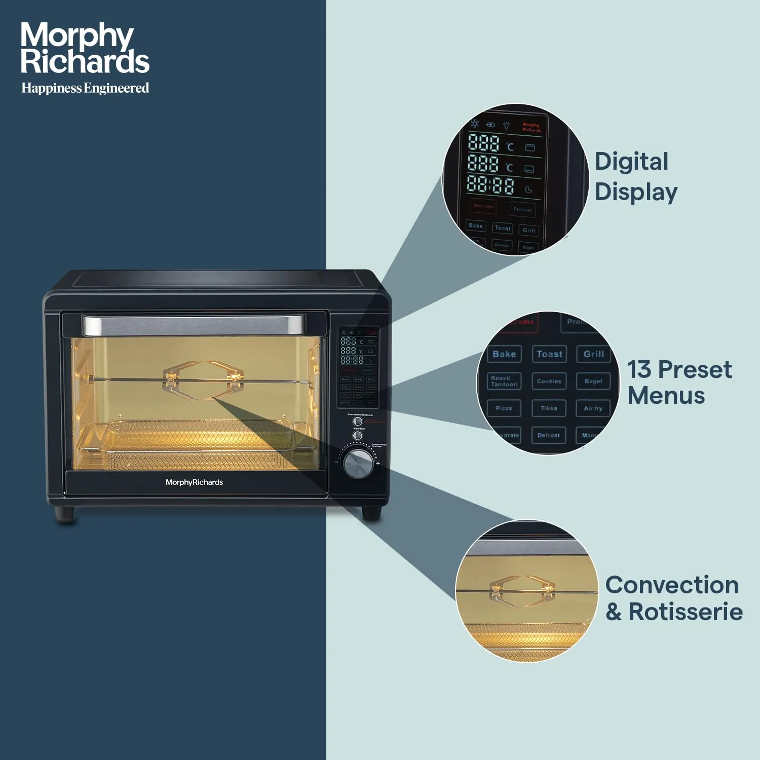 Morphy Richards Digital Otg Oven For Kitchen|29 Litre Oven Toaster Griller W/ 13 Preset Menu|Rotisserie,Convection W/In-Built Air-Fryer & Dehydrator Function|2-Yr Warranty By Brand|Deep Blue-2000 W