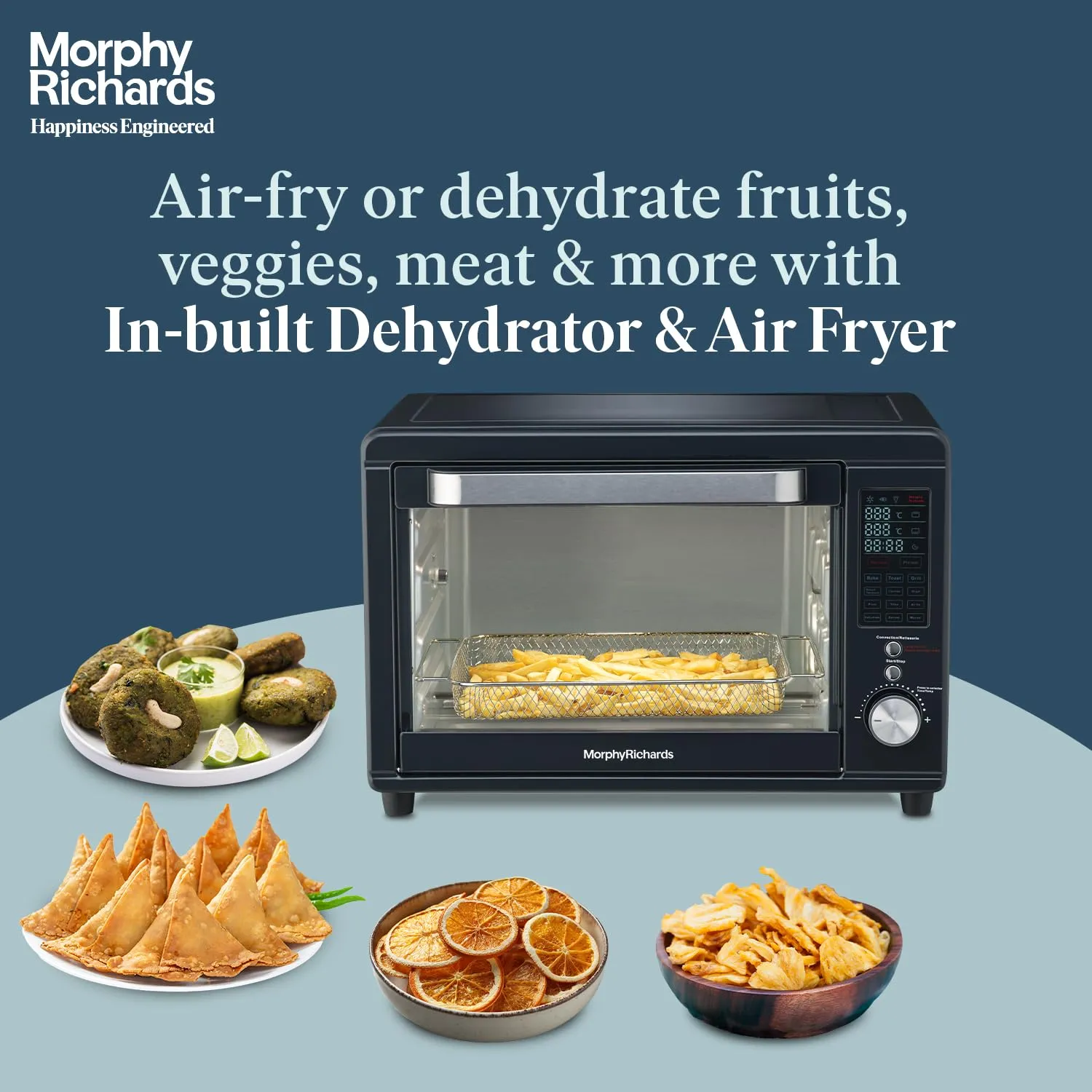 Morphy Richards Digital Otg Oven For Kitchen|29 Litre Oven Toaster Griller W/ 13 Preset Menu|Rotisserie,Convection W/In-Built Air-Fryer & Dehydrator Function|2-Yr Warranty By Brand|Deep Blue-2000 W