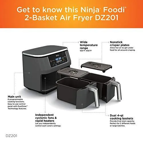 Ninja DZ201 Foodi 6-in-1 2-Basket Air Fryer with DualZone Technology, 8-Quart Capacity, and a Dark Grey Stainless Finish