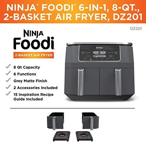 Ninja DZ201 Foodi 6-in-1 2-Basket Air Fryer with DualZone Technology, 8-Quart Capacity, and a Dark Grey Stainless Finish