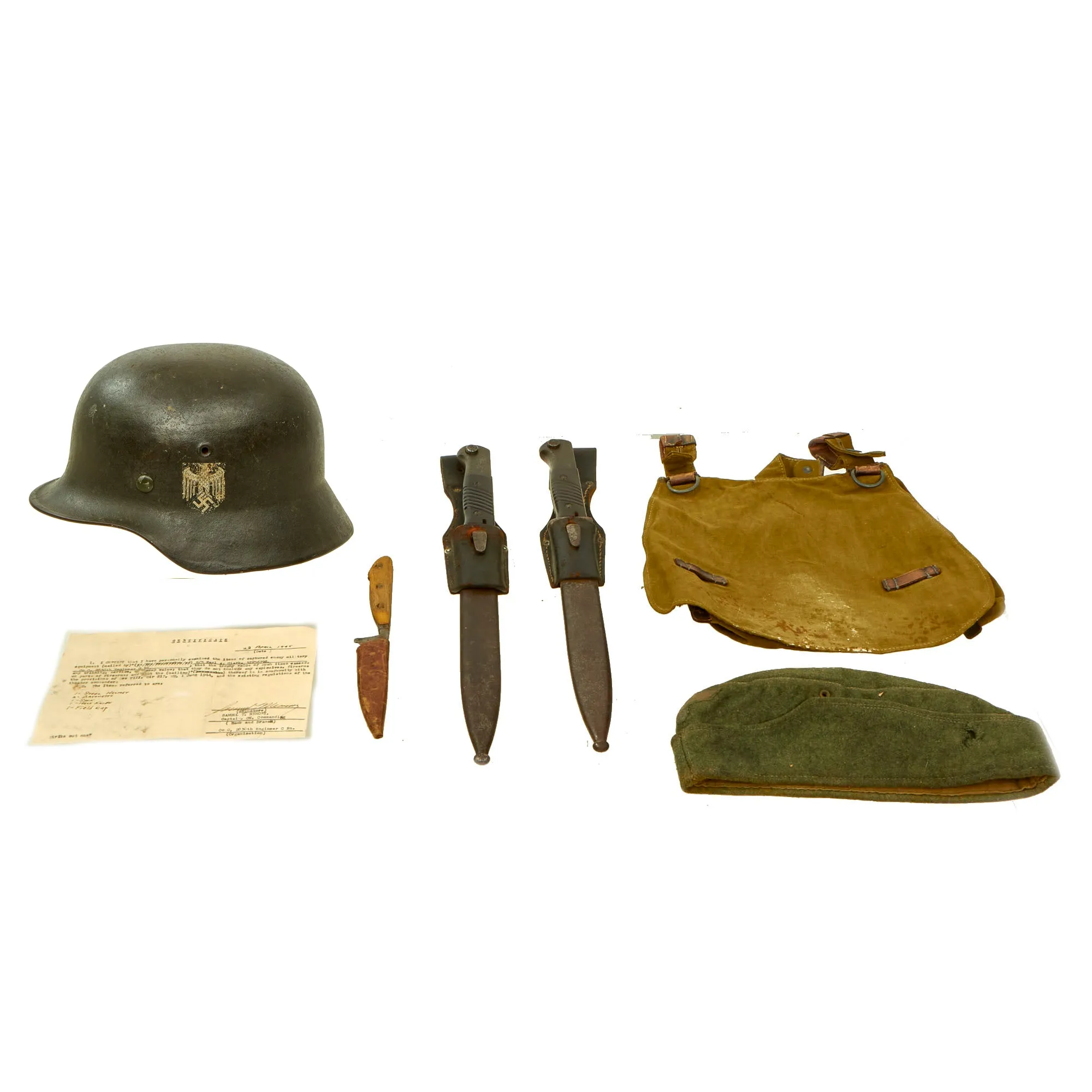 Original German WWII USGI Named Bring Back Grouping with Certificate - Single Decal Heer M40 Helmet, Overseas Cap, 2x 98K bayonets & More