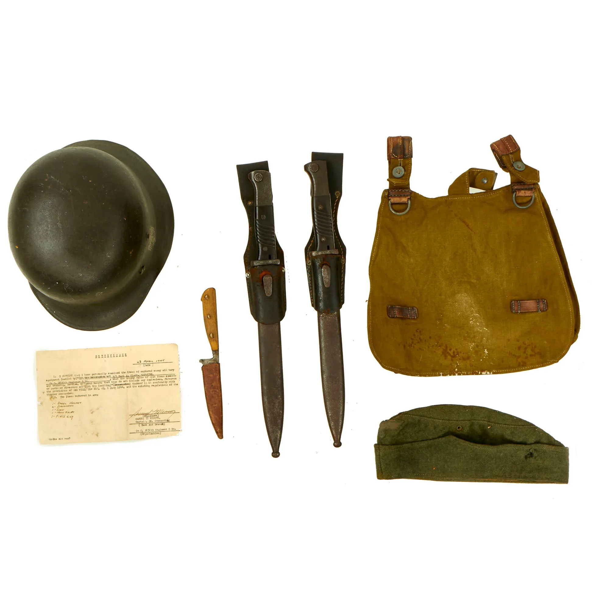 Original German WWII USGI Named Bring Back Grouping with Certificate - Single Decal Heer M40 Helmet, Overseas Cap, 2x 98K bayonets & More