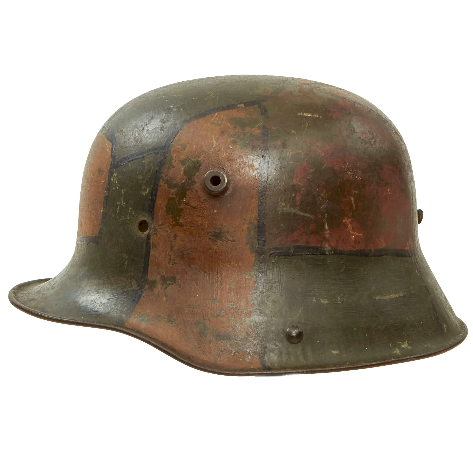 Original Imperial German WWI M16 Stahlhelm Helmet with Panel Camouflage Paint & Partial Chinstrap - Marked TJ66