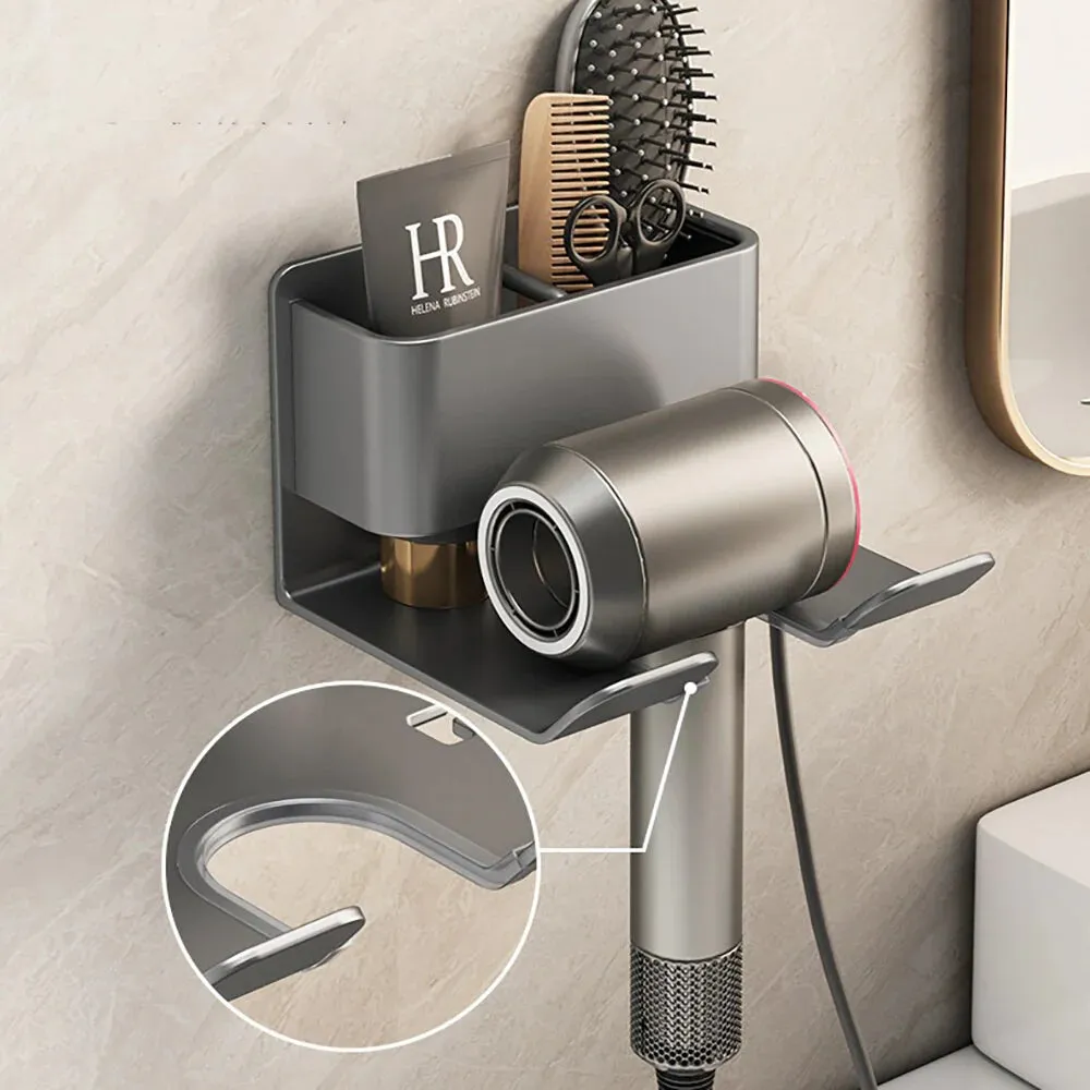 "Ultimate Hair Styling Station: Wall-Mounted Hair Dryer Holder and Organizer with Sleek Storage Box and Convenient Straightener Stand - For a Tidy and Stylish Bathroom Look"