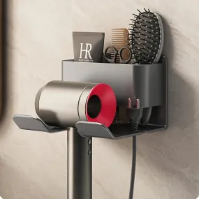 "Ultimate Hair Styling Station: Wall-Mounted Hair Dryer Holder and Organizer with Sleek Storage Box and Convenient Straightener Stand - For a Tidy and Stylish Bathroom Look"