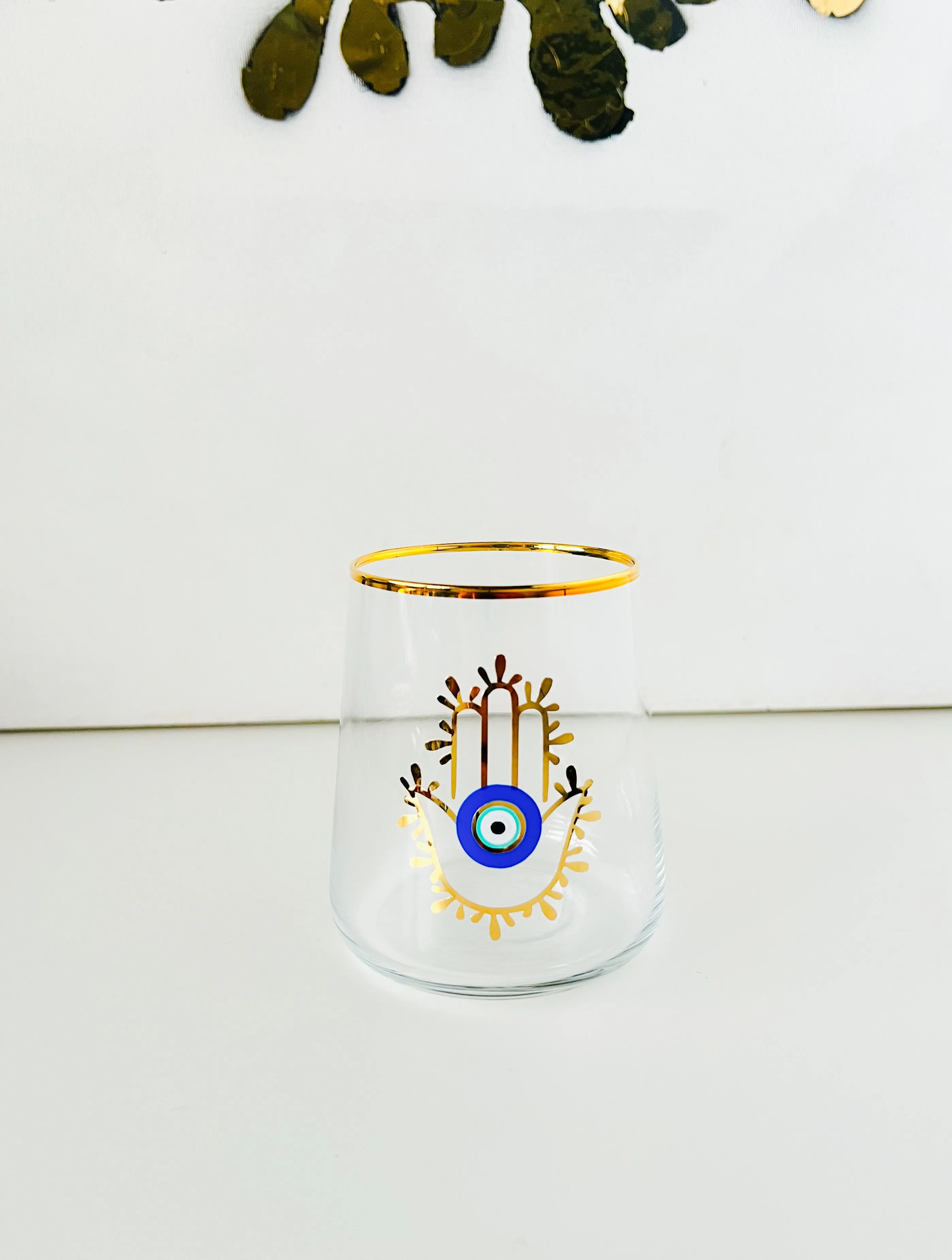 RIM-Hamsa Hand and Evil Eye Gold Rim Wine Glass