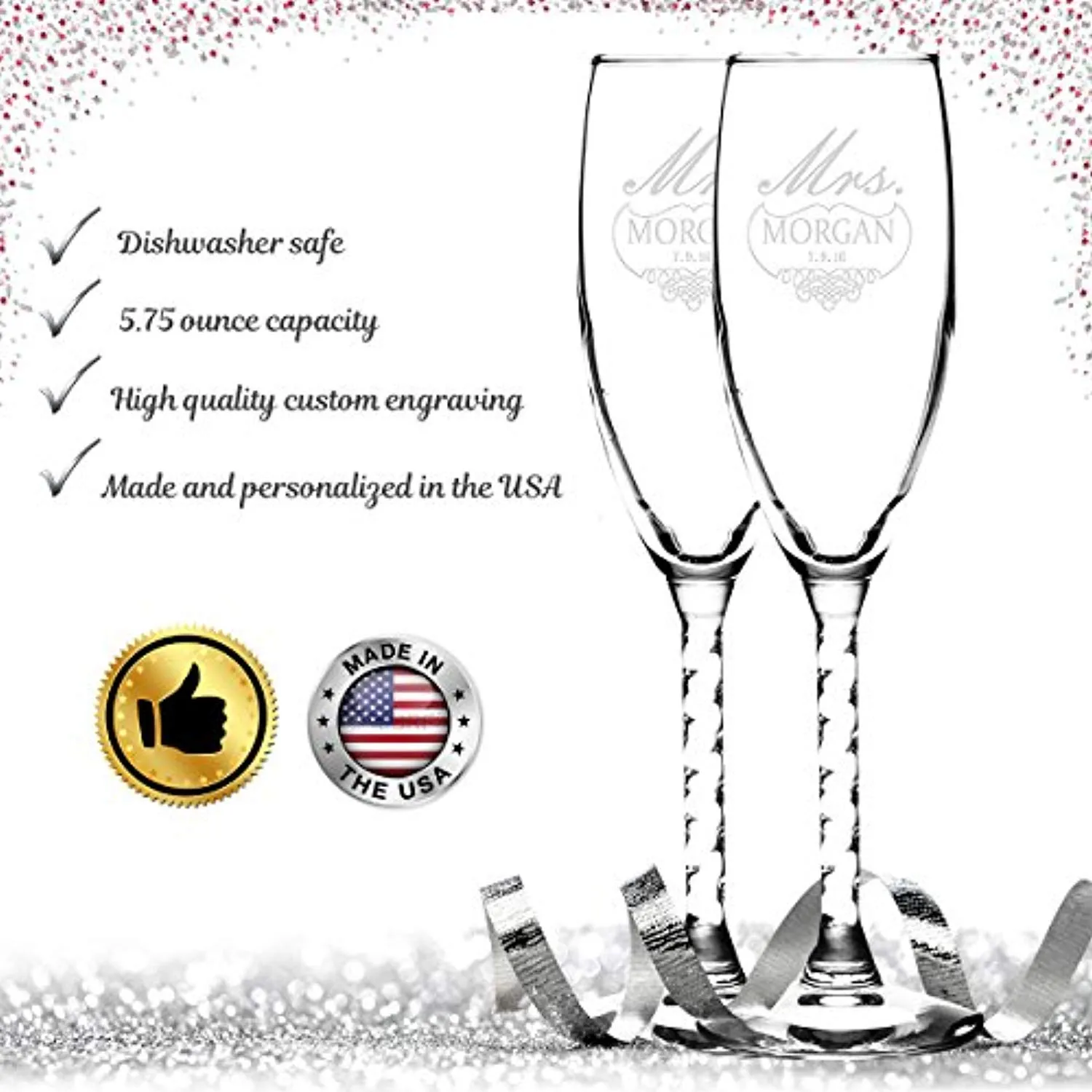 Set of 2 Personalized Wedding Champagne Flutes- Mr and Mrs Design - Engraved Flutes Customized Wedding Gift