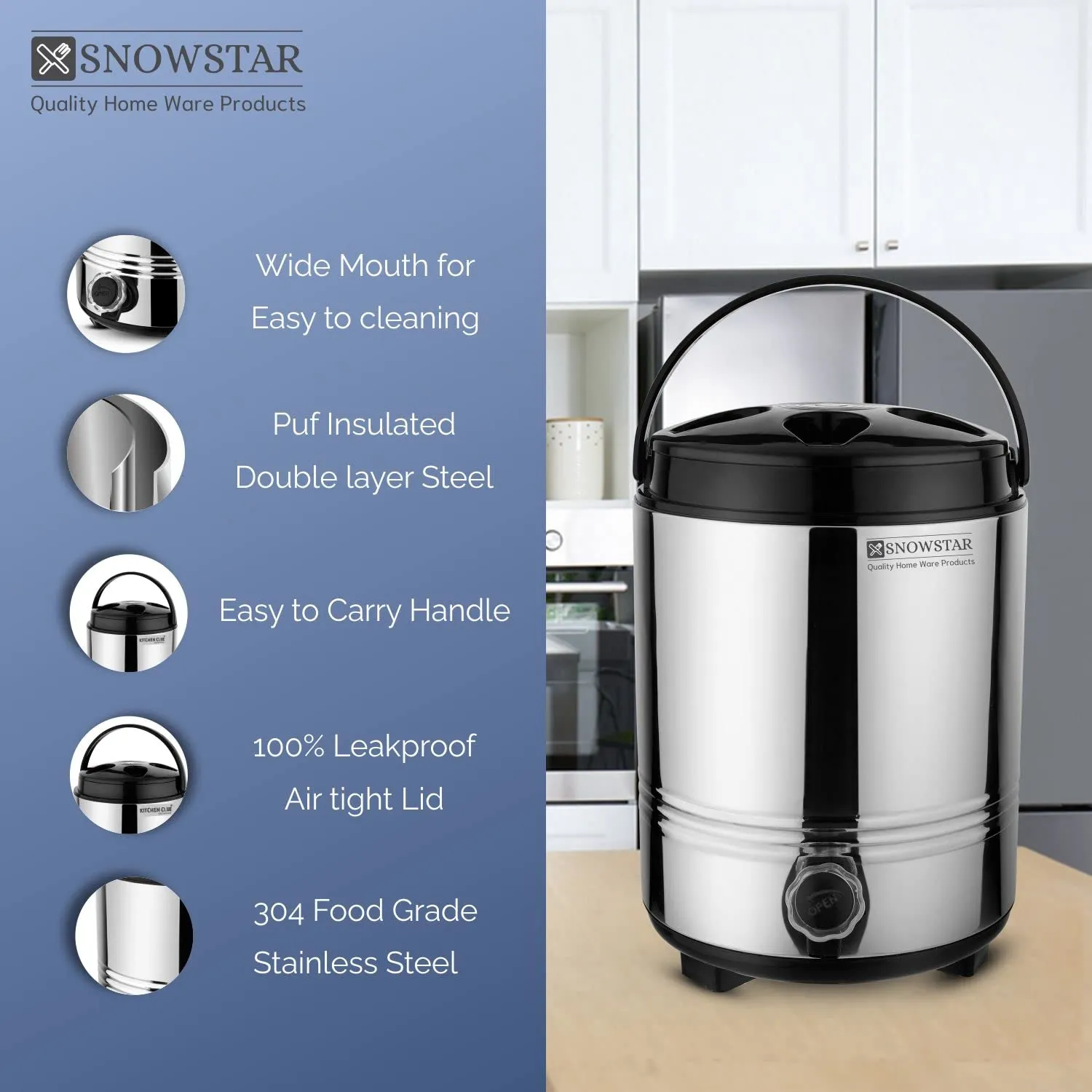 Snowstar Insulated Thermos for Hot Tea/Water 8 Liters, Silver - Double Walled Stainless Steel PUF Insulation Hot and Cold Water Dispenser for Office Home Kitchen - Easy to Carry Handle, Leak Proof