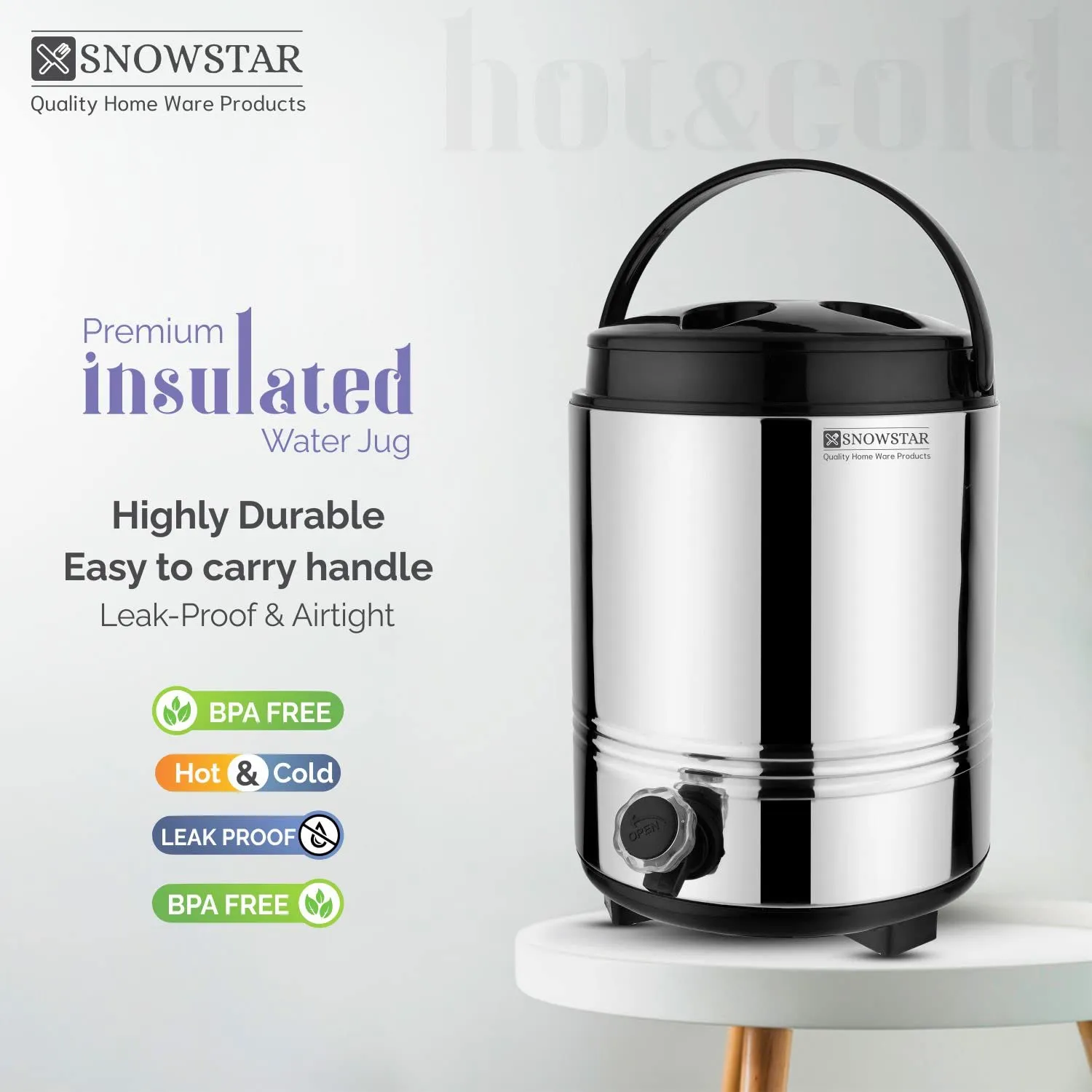 Snowstar Insulated Thermos for Hot Tea/Water 8 Liters, Silver - Double Walled Stainless Steel PUF Insulation Hot and Cold Water Dispenser for Office Home Kitchen - Easy to Carry Handle, Leak Proof