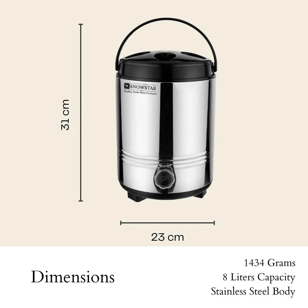 Snowstar Insulated Thermos for Hot Tea/Water 8 Liters, Silver - Double Walled Stainless Steel PUF Insulation Hot and Cold Water Dispenser for Office Home Kitchen - Easy to Carry Handle, Leak Proof