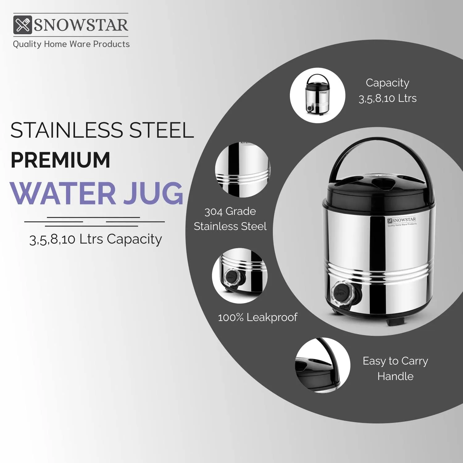 Snowstar Stainless Steel PUF Insulated Water Storage Containers with Lid - Hot and Cold Water Dispenser for Office Home Kitchen 5 Liters, Siilver - Easy to Carry Handle - Leak Proof Tap - Food Safe