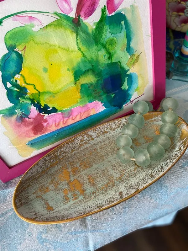 Stengel Hand Painted Gold & Aqua Oval Dish