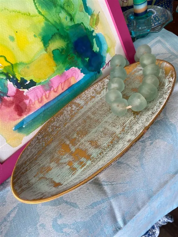 Stengel Hand Painted Gold & Aqua Oval Dish