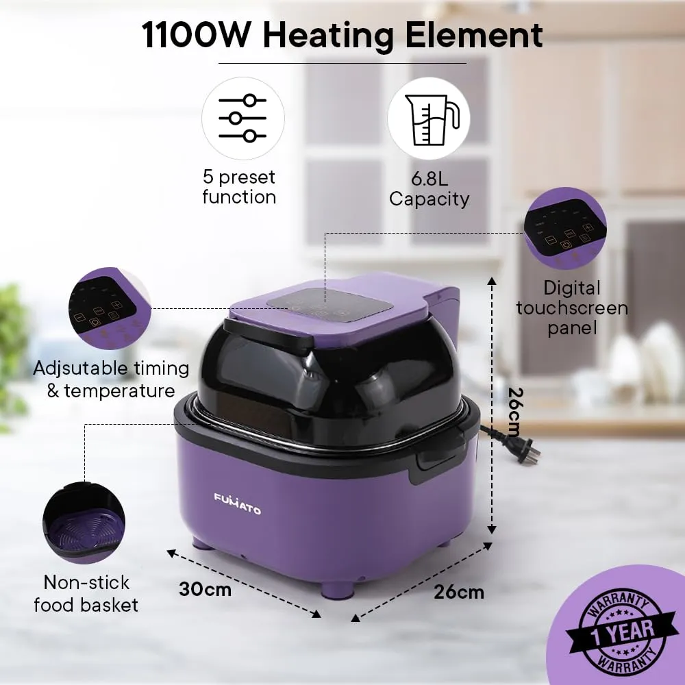 The Better Home FUMATO Aerochef Pro Air fryer With Digital Screen Panel 6.8L Purple & Stainless Steel Water Bottle 1 Litre Pack of 5 Purple