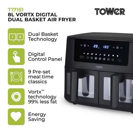 Tower T17151 Vortx Vizion 8L Digital Dual Basket Air Fryer Black