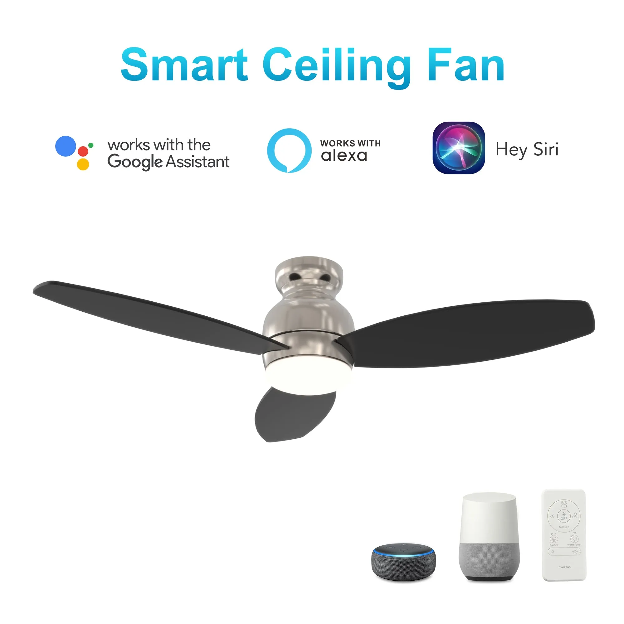 TRENTO 52 inch 3-Blade Flush Mount Smart Ceiling Fan with LED Light Kit & Remote- Silver/Black