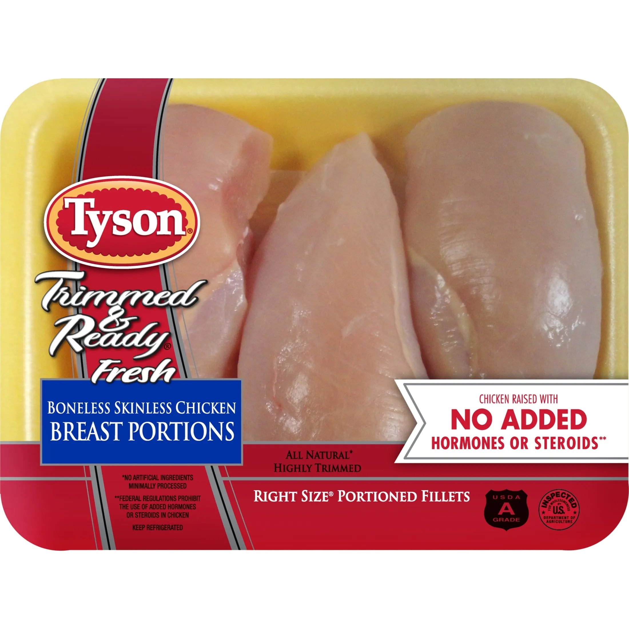 Tyson Trimmed & Ready All Natural Boneless Skinless Chicken Breast Portions, 1.3 - 1.7 lb Tray