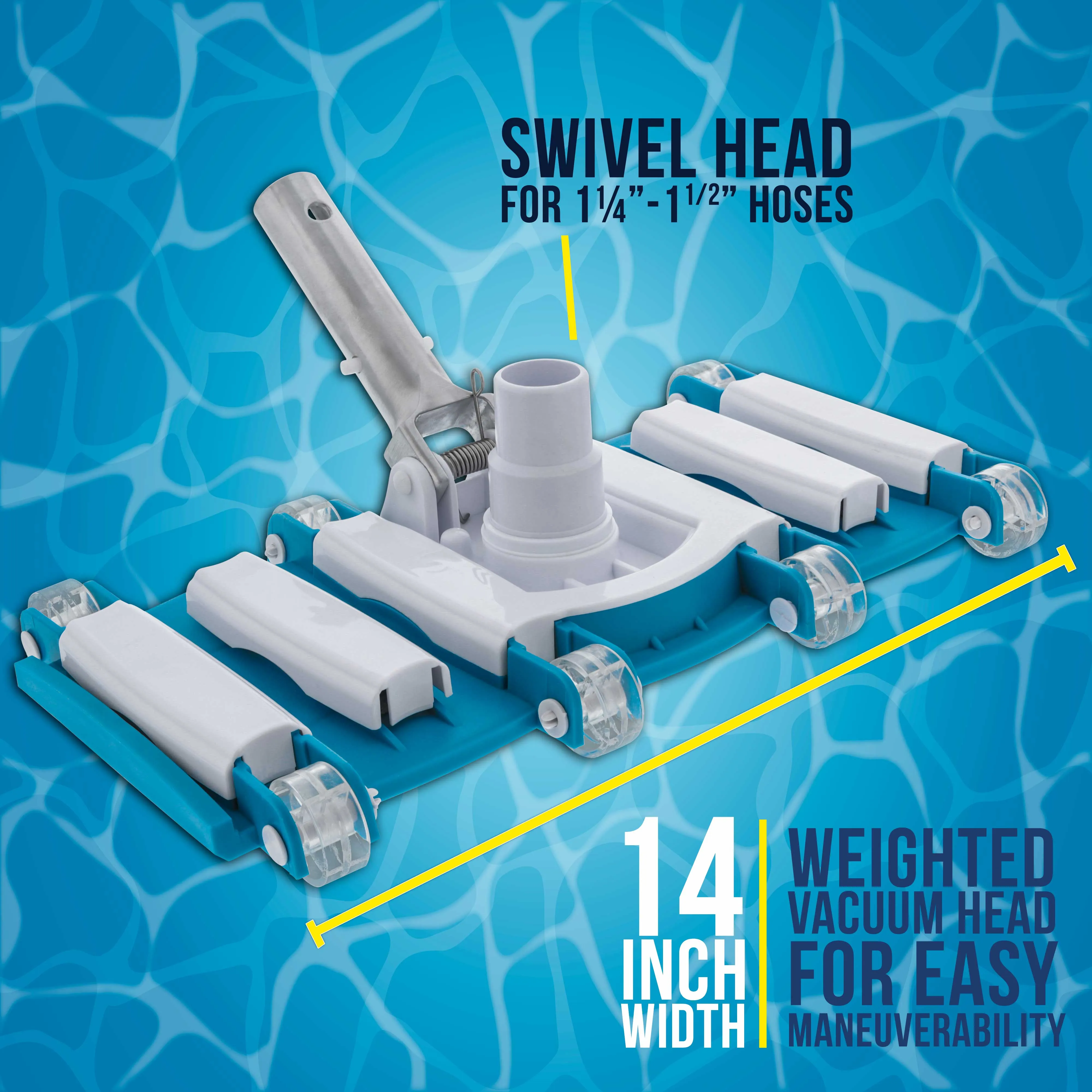 U.S. Pool Supply® 14" Weighted Flexible Concrete Swimming Pool Vacuum Head, Swivel Hose Connection & Aluminum Spring Action Pole Handle - Connect 1-1/4" or 1-1/2" Hose