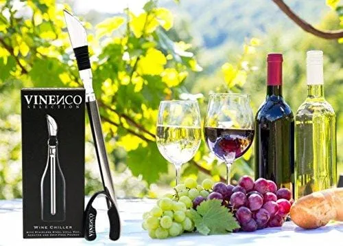 VINENCO Wine Chiller Set   Foil Cutter, Stopper, Storage Pouch & Ebook - Premium 3-in-1 Stainless Steel Bottle Cooler Stick, Decanting Aerator & Drip-Free Pourer