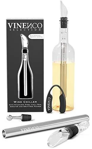 VINENCO Wine Chiller Set   Foil Cutter, Stopper, Storage Pouch & Ebook - Premium 3-in-1 Stainless Steel Bottle Cooler Stick, Decanting Aerator & Drip-Free Pourer