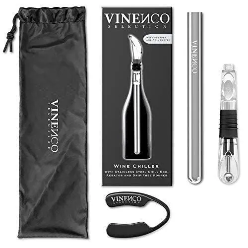 VINENCO Wine Chiller Set   Foil Cutter, Stopper, Storage Pouch & Ebook - Premium 3-in-1 Stainless Steel Bottle Cooler Stick, Decanting Aerator & Drip-Free Pourer