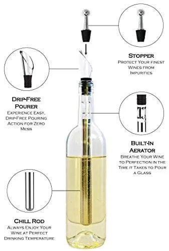 VINENCO Wine Chiller Set   Foil Cutter, Stopper, Storage Pouch & Ebook - Premium 3-in-1 Stainless Steel Bottle Cooler Stick, Decanting Aerator & Drip-Free Pourer