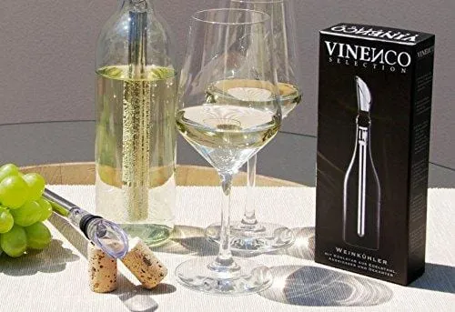 VINENCO Wine Chiller Set   Foil Cutter, Stopper, Storage Pouch & Ebook - Premium 3-in-1 Stainless Steel Bottle Cooler Stick, Decanting Aerator & Drip-Free Pourer