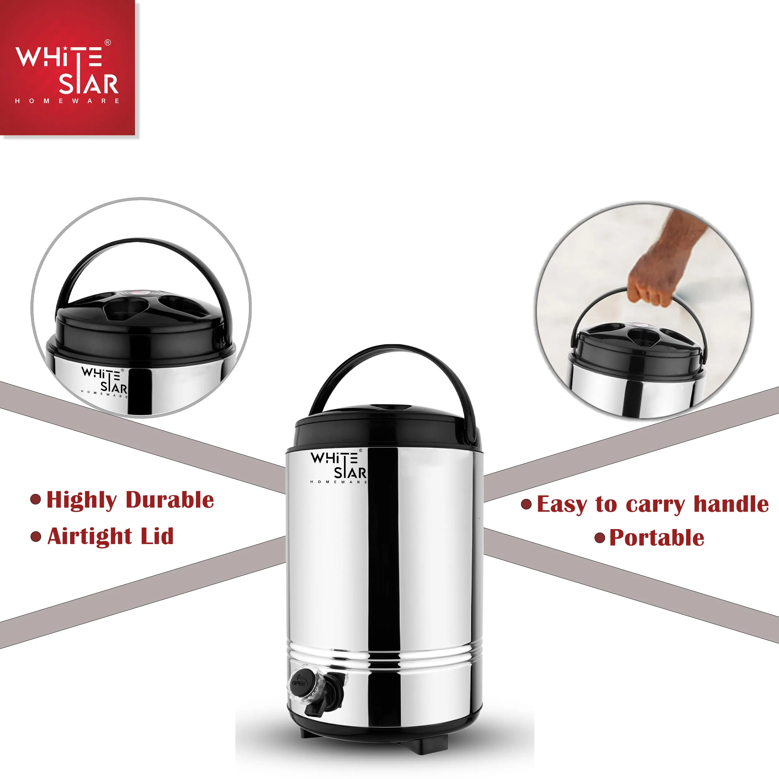 WHITESTAR PU Insulated Water Dispenser for Office, Home Kitchen, 10 Liter I Hot and Cold Upto 4-5 Hours I Easy to Carry Plastic Handle I Hot Tea Flask/Jug for Winter Season I BPA Free (Silver)