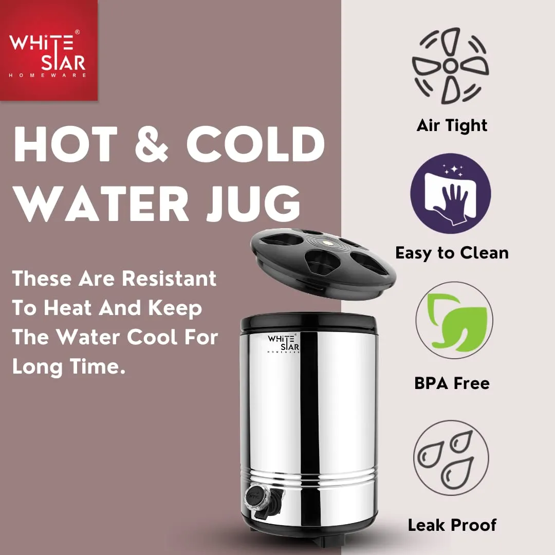 WHITESTAR PU Insulated Water Dispenser for Office, Home Kitchen, 10 Liter I Hot and Cold Upto 4-5 Hours I Easy to Carry Plastic Handle I Hot Tea Flask/Jug for Winter Season I BPA Free (Silver)