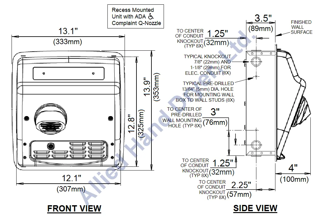 WORLD DRYER® XRA5-Q974 Model A Series Hand Dryer - Cast-Iron White Porcelain Automatic Recessed