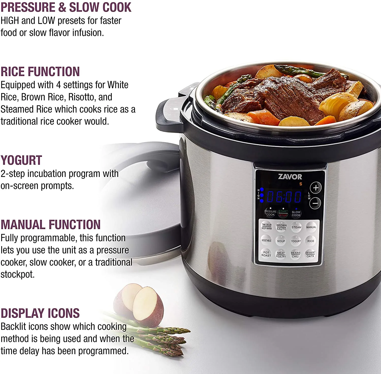 Zavor LUX Edge, 4 Quart Programmable Electric Multi-Cooker: Pressure Cooker, Slow Cooker, Rice Cooker, Yogurt Maker, Steamer and more - Stainless Steel (ZSELE01)