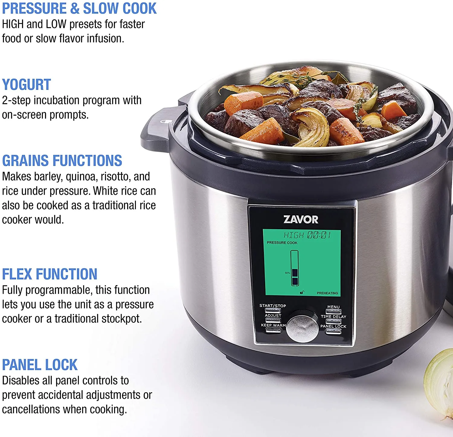 Zavor LUX LCD 8 Quart Programmable Electric Multi-Cooker: Pressure Cooker, Slow Cooker, Rice Cooker, Yogurt Maker, Steamer and More - Stainless Steel (ZSELL03)